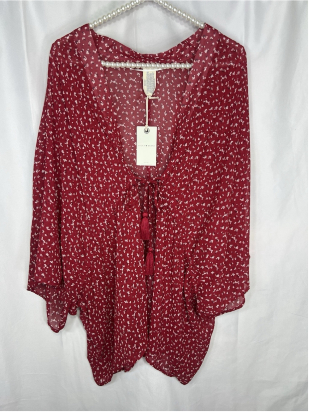 Lucky Brand Chiffon Kimono Adjustable Front Tie with Tassels Semi-Sheer One Size